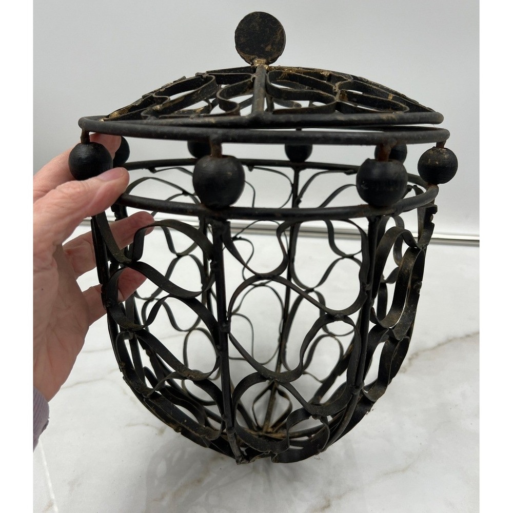 Vintage Wrought Iron Acorn Basket Decorative Scroll Wire Jar with Lid Fall Decor